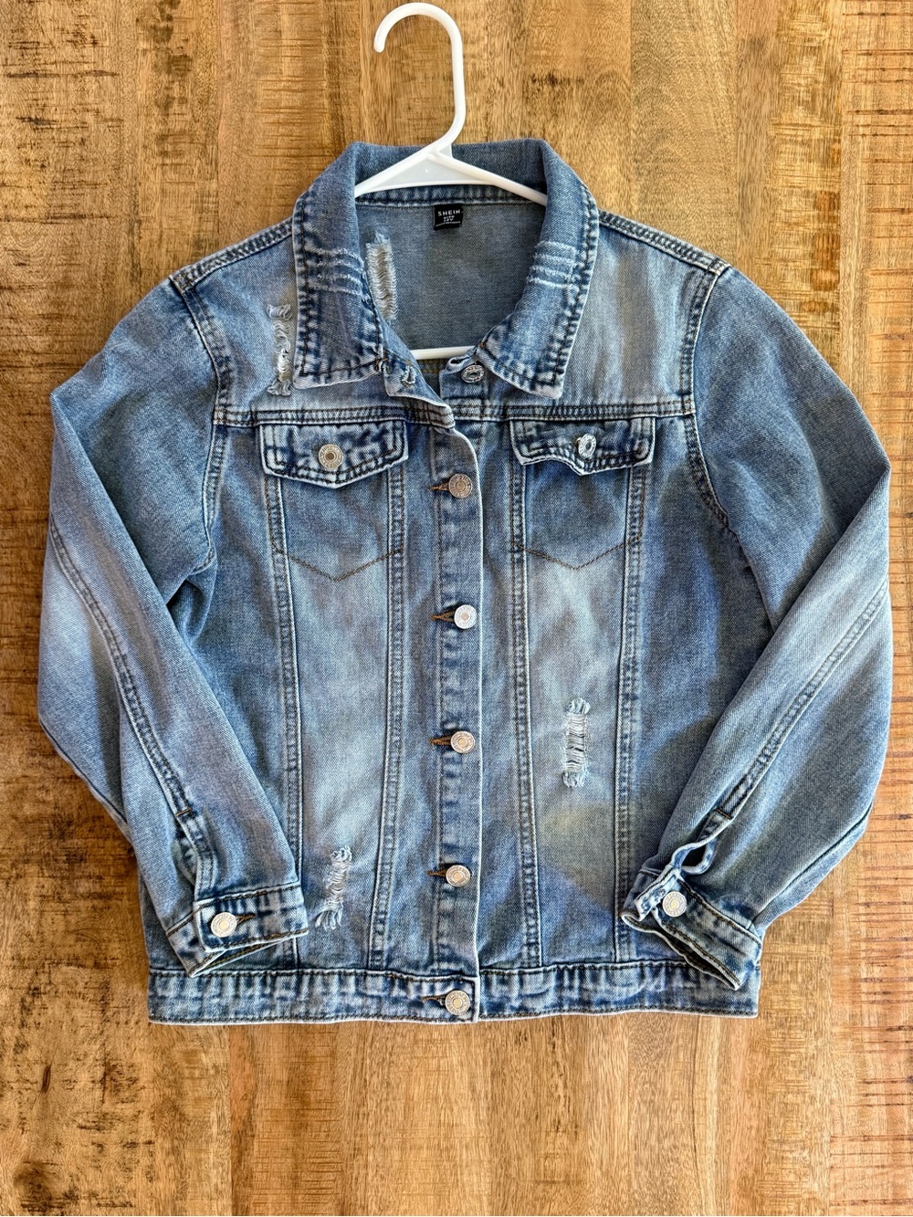 SHEIN Girls Distressed Denim Jacket Size 12Y Light Wash Jean Jacket